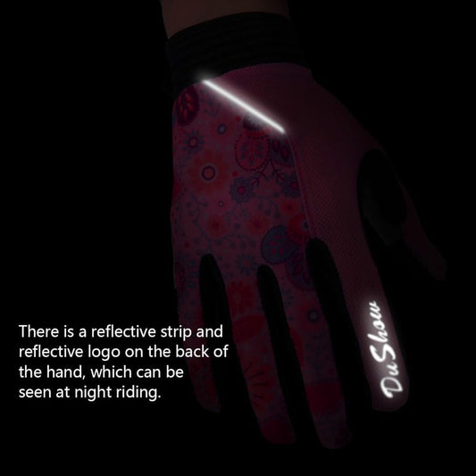 DuShow Bike Gloves for Women Cycling,Pink Floral Workout Gloves Women,Full Finger Biking Driving Riding Gloves for Women,Gel Padded Touch Screen Gym Gloves