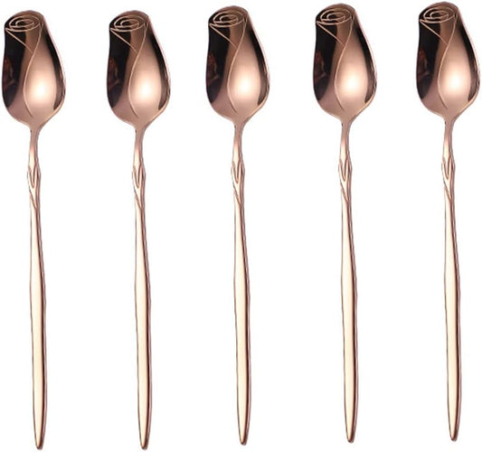 Rose Gold Stainless Steel 5-Piece Spoon Set - Rose Flower, Coffee, Dessert, Ice Cream, Tea & Love Spoons - Cute