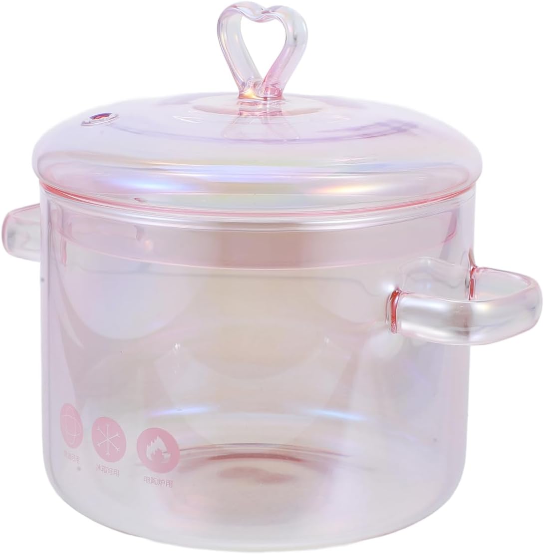 ERINGOGO Glass Cooking Pot with Cover and Handle - 1.5L/50oz Stovetop Cooking Pot with Lid Heat Resistant Glass Saucepan High Borosilicate Glass Cookware Simmer Pot Clear Soup Pot - Pink, 20x15cm