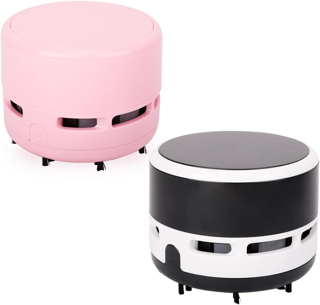 2Pcs Mini Crumb Vacuum Cleaner Portable Desktop Sweeper Handheld Cordless Multifunction Cleaning(Black+Pure Pink)