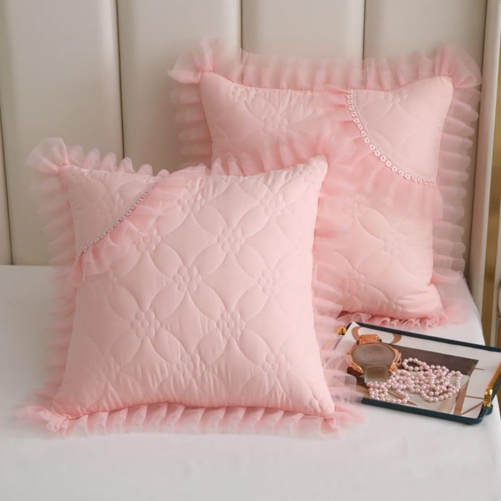 Elegant Ruffled Decorative Throw Pillow Covers, Quilted Floral Pattern with Lace Trim, (Pink,18" x 18" (Pack of 2))