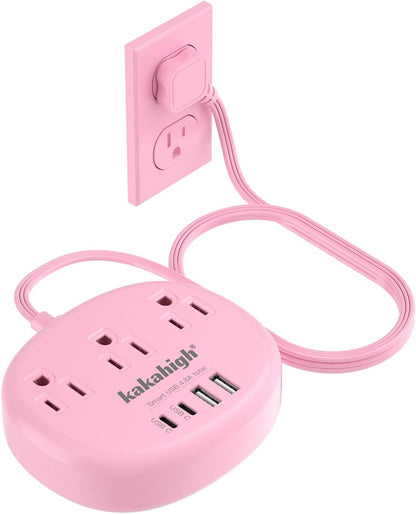 Pink Extension Cord with USB C - 5 FT Kawaii Power Strip, 1625W Cute Extension Cord with 3 AC Outlet 4 USB (24W/4.8A), Compact for Cute Pink Kawaii Desk Home Essentials