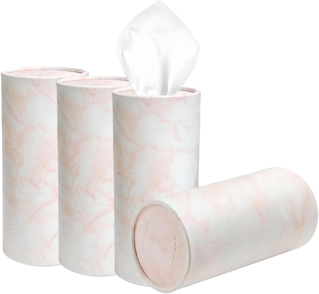 DXNQ 4 PCS Car Tissues Holder, Car Cup Holder Refillable Travel Tissues Tube with Facial Tissues, Portable Cylinder Round Tissue Boxes Container Decor for Car Office Home (Marble Pink)