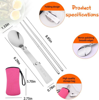 Folding Portable Spoon and Chopsticks Set with Pink Bag Stainless Steel Travel Utensils for Camping Lunch Utensils Set for Work Portable Cutlery for Women Girls