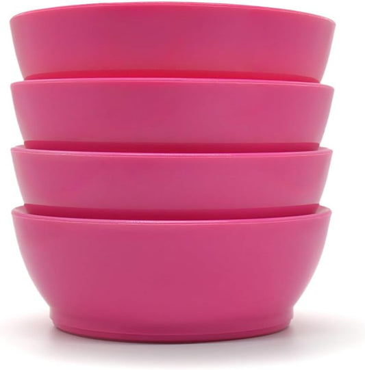 Non-Spill Plastic Bowl Set - 12oz Reusable Kitchen Bowls with Concave Inner Lip and Non-Slip Base - For Serving, Snacking, Dips and Side Dishes - Set of 4 - Hibiscus Pink