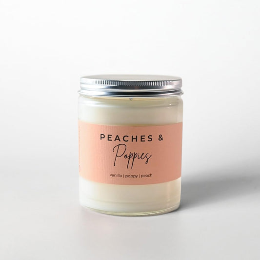 Milkhouse Candle Company Peaches & Poppies Soy Candle - Ripe Peaches | Wild Poppies | Vanilla Bean Scented - 7 oz Classic Statement Jar with Lid, 33+ Hour Burn Time, Made in the USA