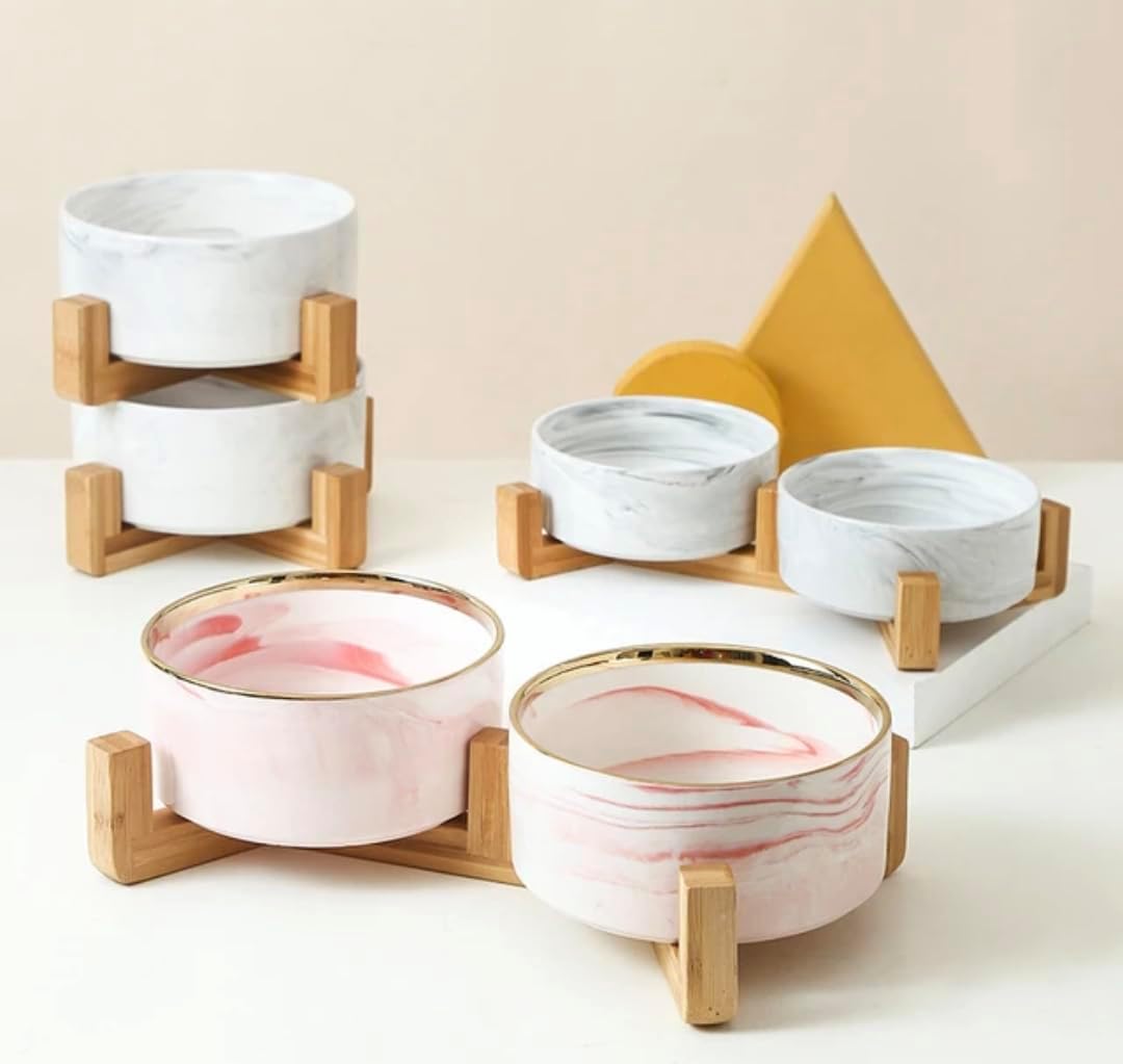 Ceramic Pet Bowl (Marble Design) Set of 2 with Stand, 2cups and 4 Cups Capacity (Marble Pink w/Gold, Small, 2 Cups per Bowl)