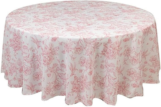 Balsa Circle 108" Round White with Pink French Toile Polyester Tablecloth Washable Vintage Pastoral Floral Rustic Table Cover for Indoor & Outdoor, Farmhouse Decor, Picnic, Tabletop Decoration