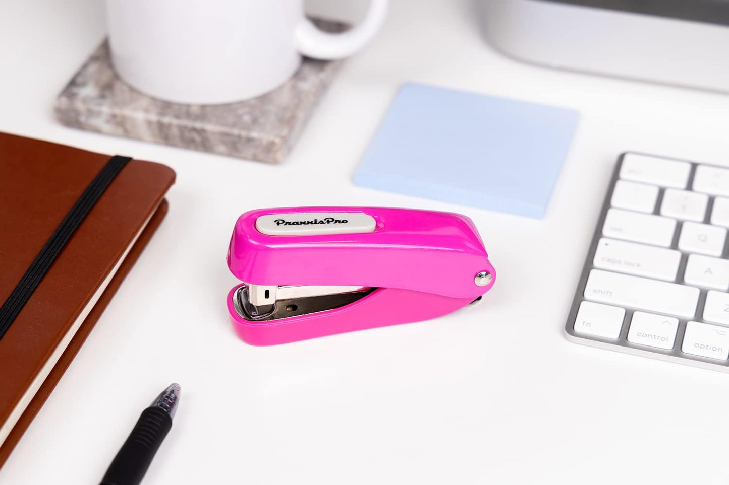 Praxxis Pro Office Supplies - Aria-Plus Half-Strip Mini Stapler - Durable, Compact, and Colorful Stapler for Office and Travel Use, Compatible with Standard 26/6 Staples, Pink