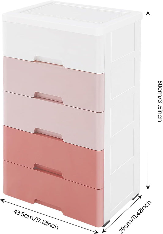 Small 5 Drawer Storage Cabinet with Wheels,Plastic Drawers Dresser,5 Tier Storage Cabinet for Living Room,Kitchen,Pink