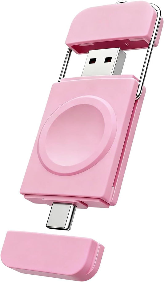 Charger for Apple Watch, Magnetic Portable iwatch Charger, USB C &USB A Fast Wireless Charging Travel Charger for Apple Watch Series 11/10/9/8/7/6/5/4/3/2/1/SE/UItra 2/Ultra,Pink