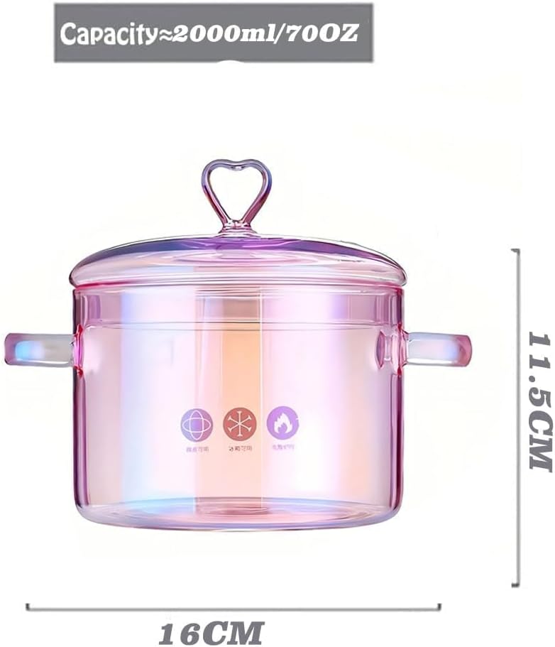 1.5L / 53 fl. oz. Clear Glass Pot with Lid Saucepan Heat Resistant Glass Stove and Pan with Lid Soup, Milk, Baby Food, Pasta (68oz/2000ml pink)