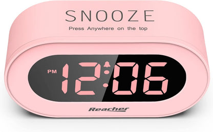 REACHER Pink Girls Alarm Clock for Kids Bedroom, Dimmable LED Digital Display, Outlet Powered, Adjustable Volume, Simple to Use, Snooze, Small Size for Bedside, Desk, Toddler