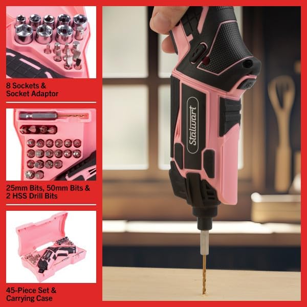 Electric Screwdriver Cordless Drill with Battery and Charger - 45-Piece Cordless Screwdriver Set with LED Light, USB Cable, Dual Position Screw Gun and Bits for Home, Office and DIY by Stalwart (Pink)