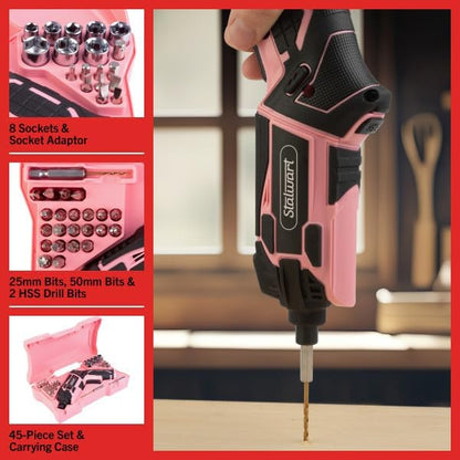 Electric Screwdriver Cordless Drill with Battery and Charger - 45-Piece Cordless Screwdriver Set with LED Light, USB Cable, Dual Position Screw Gun and Bits for Home, Office and DIY by Stalwart (Pink)