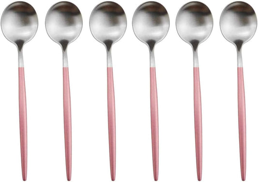 Pink Silver Flatware, Royal 6 Pieces Matte Pink Handle 18/10 Stainless Steel Dessert Spoon Salad Spoon 7.2", Camping Cutlery Silverware Travel Utensils Set Tableware