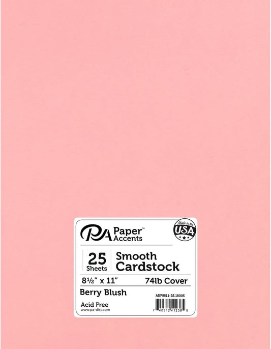 PA Paper Accents Smooth Cardstock 8.5" x 11" Berry Blush, 74lb colored cardstock paper for card making, scrapbooking, printing, quilling and crafts, 25 piece pack
