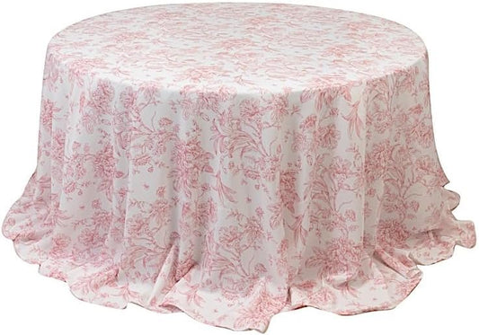 Balsa Circle 132" Round White with Pink French Toile Polyester Tablecloth - Vintage Pastoral Floral Rustic Washable Table Cover for Indoor & Outdoor, Farmhouse Decor, Picnic, Tabletop Decoration