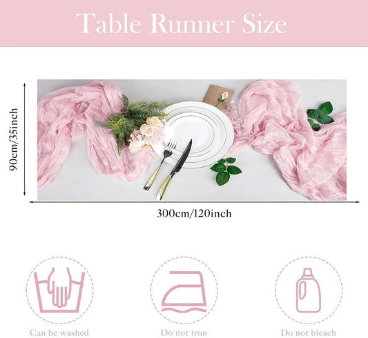 12 Pack Light Pink Gauze Cheesecloth Table Runners 10ft (35x120 Inch) - Boho Wedding Decor for Bridal Showers, Baby Showers & Birthday Parties
