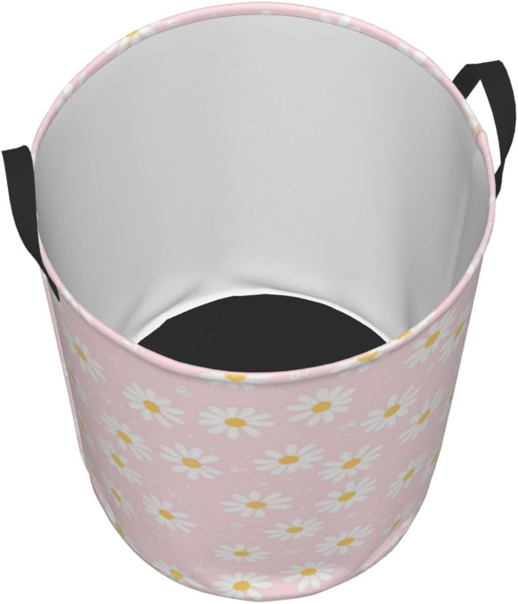 Pink Daisy Flower Large Laundry Basket,Collapsible Laundry Hamper With Handle Floral Room Decor,Round Waterproof Dirty Clothes Hamper Toy Organizer Storage Basket Gift for Home Bedroom Bathroom Decor
