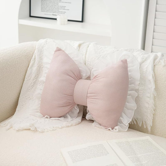 Cute Bow Pillow,Lace and Lace Bow Pillow,Car Backrest Cushion,Sofa Office Lumbar Pillow Cushion,Room Decor (Pink)