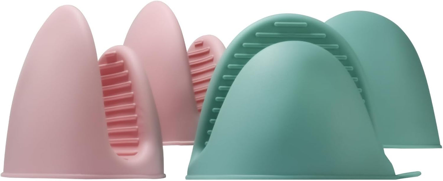 4PCS (2 Pairs) Silicone Oven Mitts, Heatproof Mini Cooking Gloves for Pizza Stone/Air Fryer/Grill, Non-Slip Compact for Baking, Cooking (Light Green&Pink)