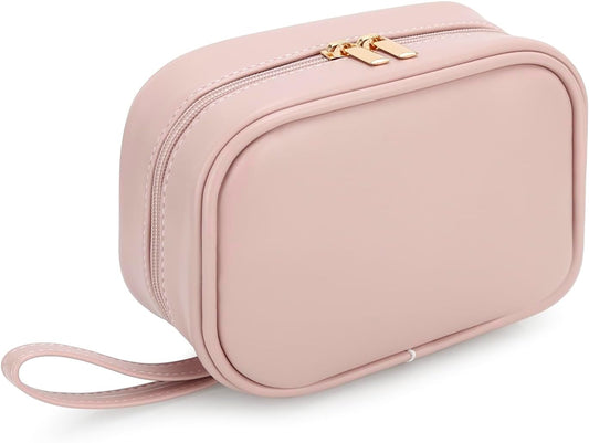 E-Tree PU Leather Makeup Bag for Women – Double Zipper Travel Cosmetic Bag Organizer, Waterproof Small Toiletry Pouch for Girls, Skincare & Accessories, Cute Pink Makeup Case with Wrist Strap