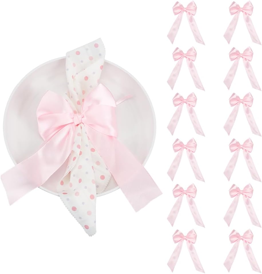 PH PandaHall 24pcs Pink Bowknot Ribbon Bow Napkin Ring Bow Tie Candlestick Decor Gift Wrapping Satin Bowknots Napkin Holder for Party Centerpiece Wedding Birthday Holiday Tabletop Crafts Decoration