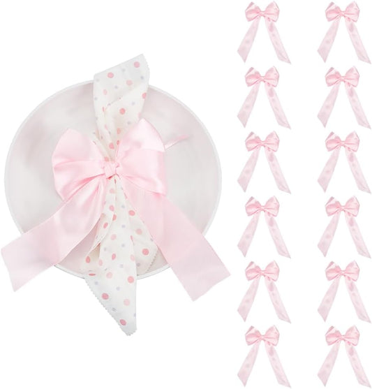 PH PandaHall 24pcs Pink Bowknot Ribbon Bow Napkin Ring Bow Tie Candlestick Decor Gift Wrapping Satin Bowknots Napkin Holder for Party Centerpiece Wedding Birthday Holiday Tabletop Crafts Decoration