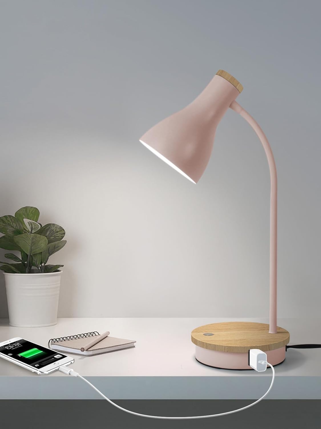 LALISU Metal Desk Lamp Wireless Charging Table Lamp Touch Reading Lights Arc Desk Lamps for Bedroom, 3 Way Dimmable Bedside Lamp with USB Charging Ports Lamp for Study Room and Office (Touch-Pink)
