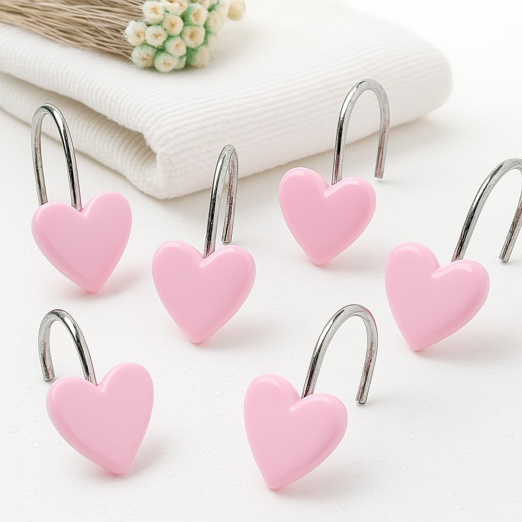 12PCS Decorative Heart Shower Curtain Hooks - Cute Pink Bathroom Accessories, Non-Rust Metal Hooks for Shower Curtain Rings, Easy Install Bathroom Decor for Women, Girls, Kids Room