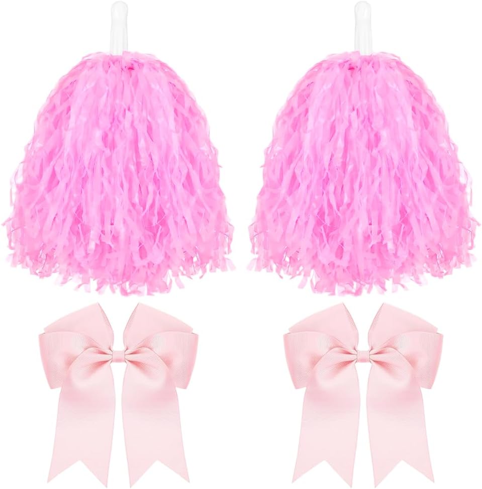 CREATCABIN 4Pcs Cheerleading Pom Poms Large Cheerleader Hair Bow Pink Plastic Cheer Pompoms Cheerleading Accessories with Handle for Team Spirit Sports Dance Cheering Party Basketball Football Rooters