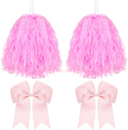 CREATCABIN 4Pcs Cheerleading Pom Poms Large Cheerleader Hair Bow Pink Plastic Cheer Pompoms Cheerleading Accessories with Handle for Team Spirit Sports Dance Cheering Party Basketball Football Rooters