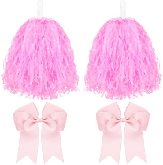 CREATCABIN 4Pcs Cheerleading Pom Poms Large Cheerleader Hair Bow Pink Plastic Cheer Pompoms Cheerleading Accessories with Handle for Team Spirit Sports Dance Cheering Party Basketball Football Rooters