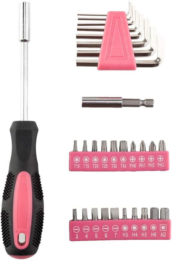 39-Piece Home Tool Kit with Carrying Case, Hand Tools Set with Pliers, Screwdrivers, Hammer,Pink