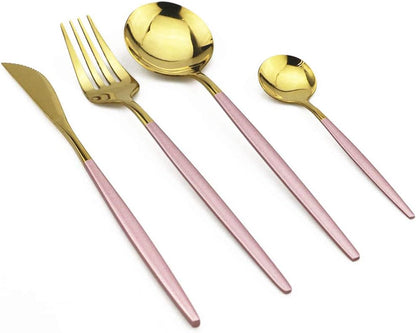 24-Piece Flatware Set, 18/0 Stainless Steel Knife Fork Spoon Teaspoon Silverware Set, Service for 6, Pink Handle Gold