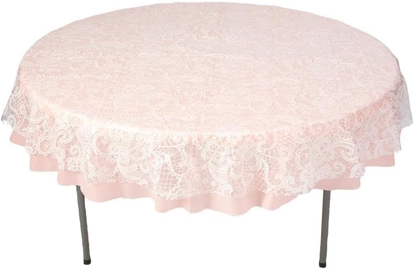 Fun Express White Lace-Printed & Light Pink Round Disposable Plastic Tablecloth Kit