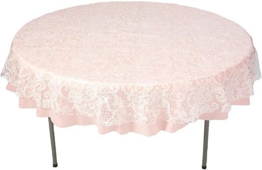Fun Express White Lace-Printed & Light Pink Round Disposable Plastic Tablecloth Kit