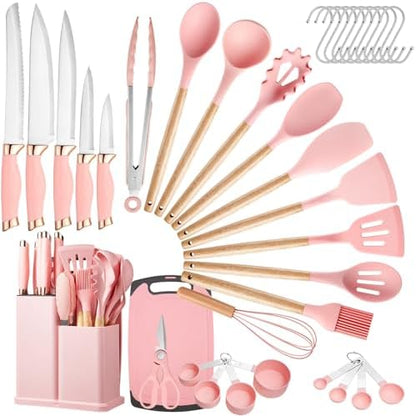 37 PCS Kitchen Utensils Set, Silicone Cooking Utensils Set with Knife Set and Holder, Wooden Handle Kitchen Tool Set (Pink)