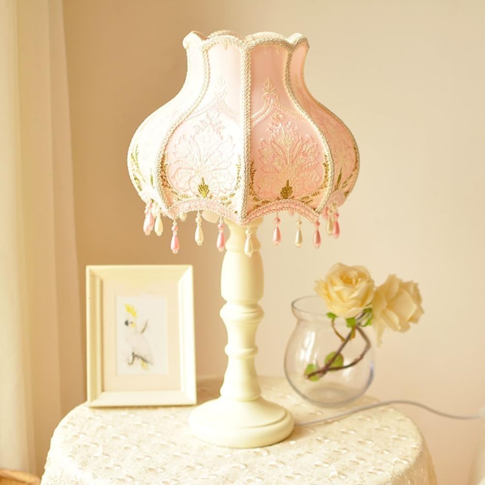 Vintage Pink Table Lamp Victorian Style Girls Bedside Table Lamp Fabric Shade French Country Retro Table Lamp