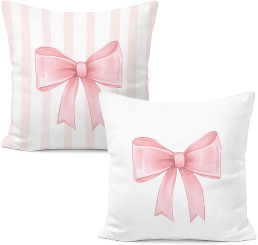 Coquette Pink Bow Striped Pillow Cover 18x18, Pink Preppy Coquette Room Dorm Decor, Girly Ribbon Bow Decorative Throw Pillow Cover for Girls Room Apartment Home Bedroom Living Set of 2