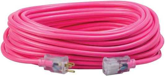 Southwire Outdoor Extension Cord - Heavy Duty All-Copper Wire for Outdoor Power - Weatherproof Vinyl Jacket - High-Visibility Safety Color - 12/3 SJTW - 100 Feet - Cool Pink with Power Light Indicator