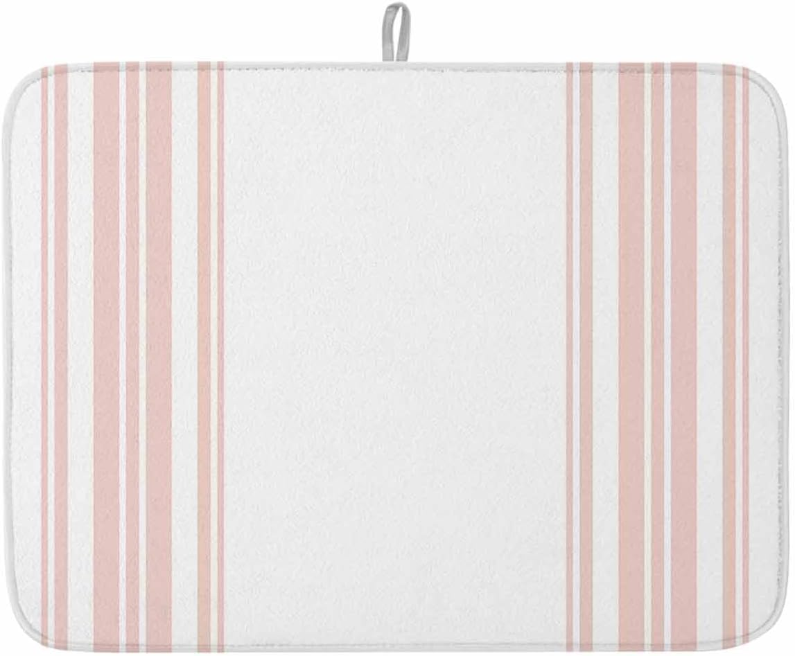 Dish Drying Mat Pink White Stripes Dish Drying Mats for Kitchen Counter Simple Striped Absorbent Microfiber Dish Drying Mat Dish Rack Mat with Hanging Loop, Quick Drying Dish Mat 18*24in