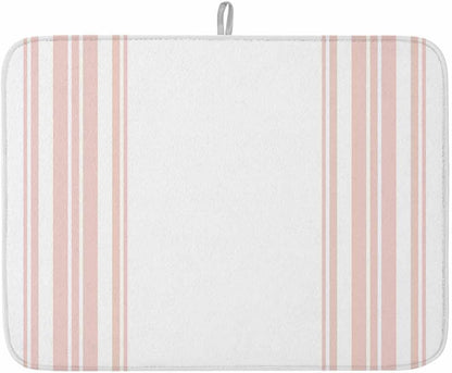 Dish Drying Mat Pink White Stripes Dish Drying Mats for Kitchen Counter Simple Striped Absorbent Microfiber Dish Drying Mat Dish Rack Mat with Hanging Loop, Quick Drying Dish Mat 18*24in