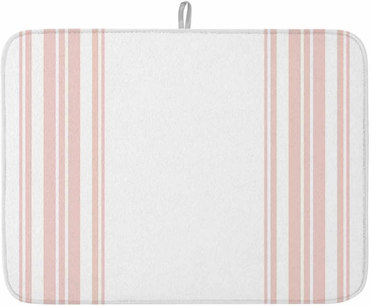 Dish Drying Mat Pink White Stripes Dish Drying Mats for Kitchen Counter Simple Striped Absorbent Microfiber Dish Drying Mat Dish Rack Mat with Hanging Loop, Quick Drying Dish Mat 18*24in