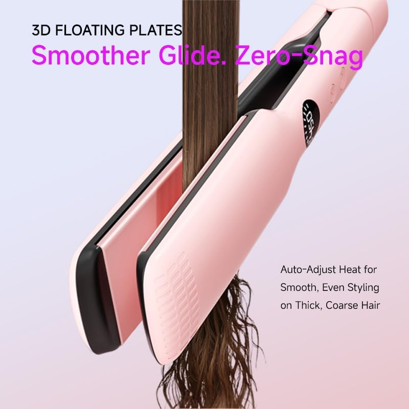 Professional Flat Iron,11 Temps,Fast Heat-Up,Wide Hair Straightener, Ceramic Floating Plate with LED Display, Negative Ion, Auto Shut-Off & Global Voltage, Pink