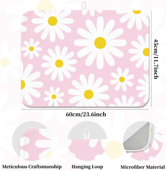 INFUNLY Daisy Dish Drying Mat 17.7x23.6 Inch Watercolour Daisy Absorbent Mat Pink Floral Dish Drying Pad Rustic Farmhouse Placemats White Flower Absorbent Pad for Table Countertop Sink Coffee Bar