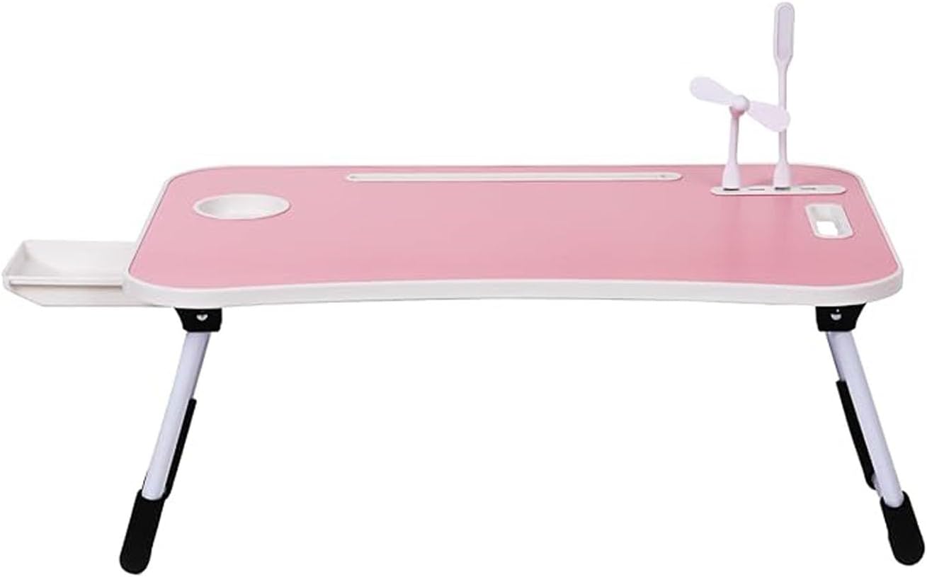 Foldable Laptop Table for Bed - Portable Adjustable Desk with Cup Holder,USB Charging Ports & Storage Drawer - Multi-Function Laptop Tray for Sofa,Floor & Outdoor Use (Pink)