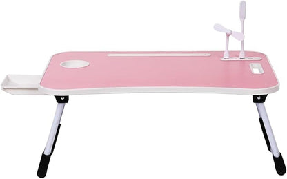 Foldable Laptop Table for Bed - Portable Adjustable Desk with Cup Holder,USB Charging Ports & Storage Drawer - Multi-Function Laptop Tray for Sofa,Floor & Outdoor Use (Pink)