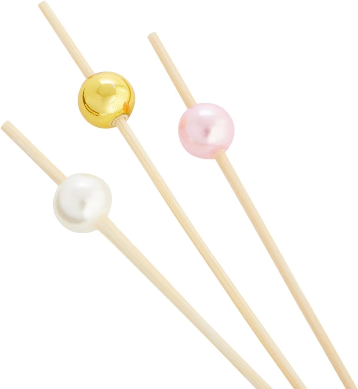 Okuna Outpost Bamboo Pearl Toothpicks - 4.7 in, 150 Count, White, Pink & Gold - Skewers for Appetizers & Mimosa Bar Supplies - Party & Catering Supplies